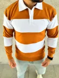 Erkek Polo Yaka Uzun Kollu Çizgili Sweatshirt Trend Rugby Stil - Turuncu