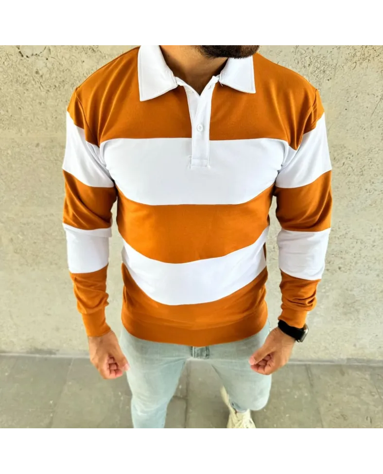 Erkek Polo Yaka Uzun Kollu Çizgili Sweatshirt Trend Rugby Stil - Turuncu