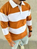 Erkek Polo Yaka Uzun Kollu Çizgili Sweatshirt Trend Rugby Stil - Turuncu