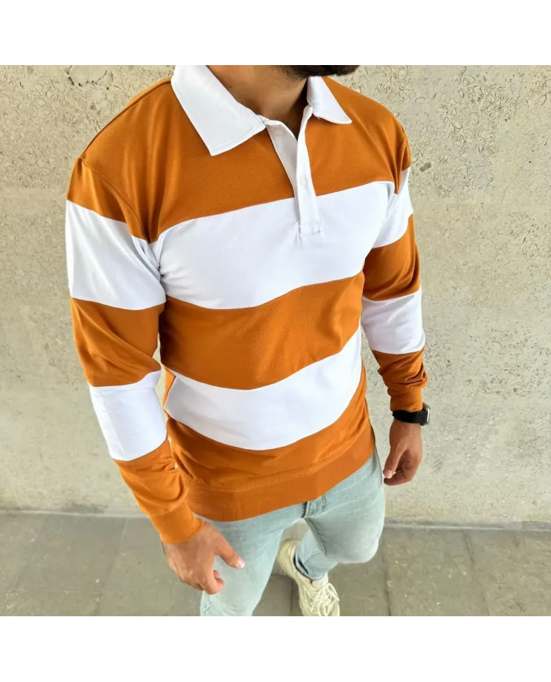 Erkek Polo Yaka Uzun Kollu Çizgili Sweatshirt Trend Rugby Stil - Turuncu