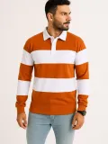 Erkek Polo Yaka Uzun Kollu Çizgili Sweatshirt Trend Rugby Stil - Turuncu