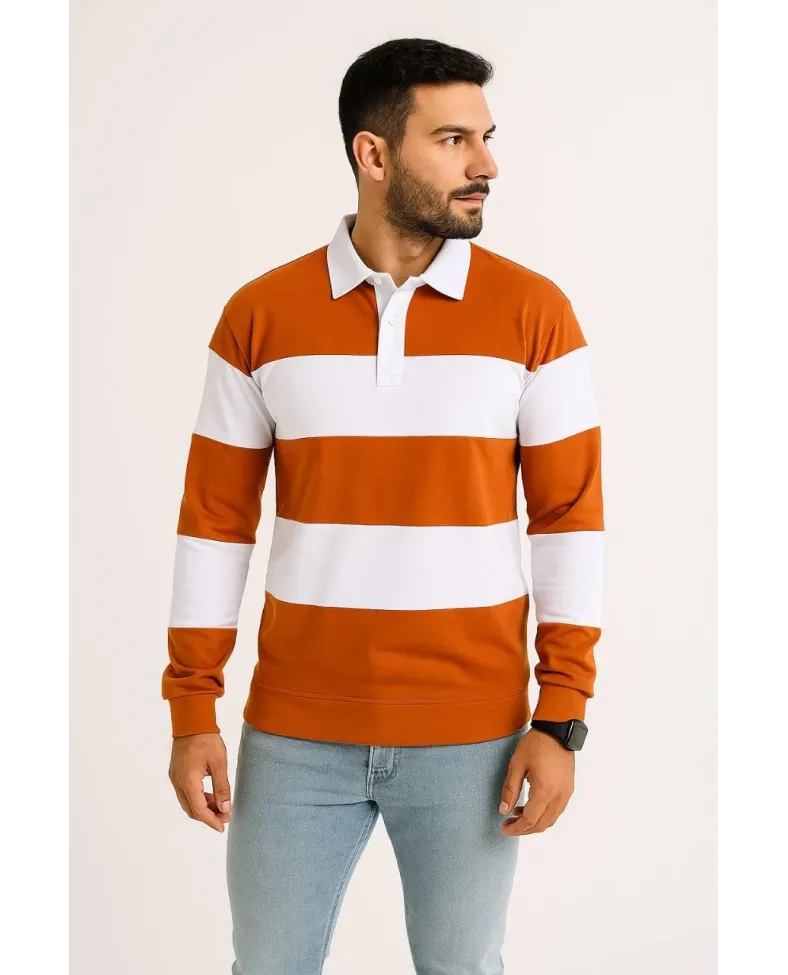 Erkek Polo Yaka Uzun Kollu Çizgili Sweatshirt Trend Rugby Stil - Turuncu
