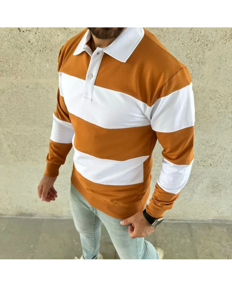 Erkek Polo Yaka Uzun Kollu Çizgili Sweatshirt Trend Rugby Stil - Turuncu