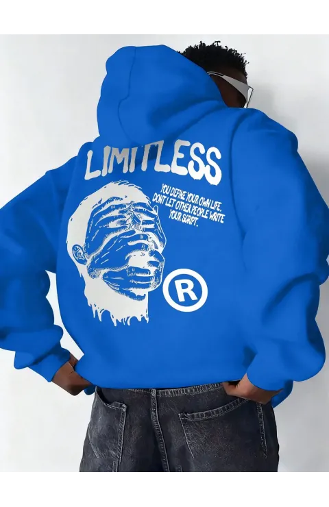 Erkek Premium Baskılı Kapşonlu Sweatshirt Üç İplik İçi Pamuklu Kanguru Cepli - Saks Mavisi