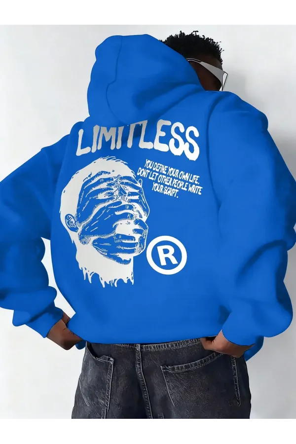 Erkek Baskılı Kapüşonlu Cepli Hoodie 3 İplik Pamuklu Sweatshirt - Saks Mavisi