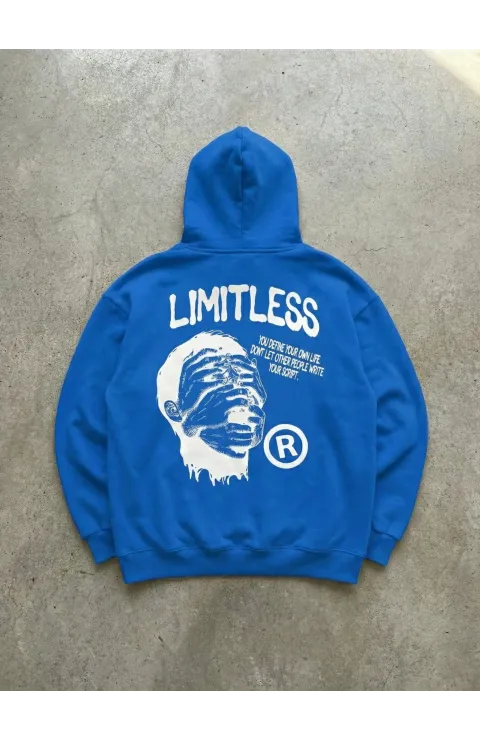 Erkek Premium Baskılı Kapşonlu Sweatshirt Üç İplik İçi Pamuklu Kanguru Cepli - Saks Mavisi