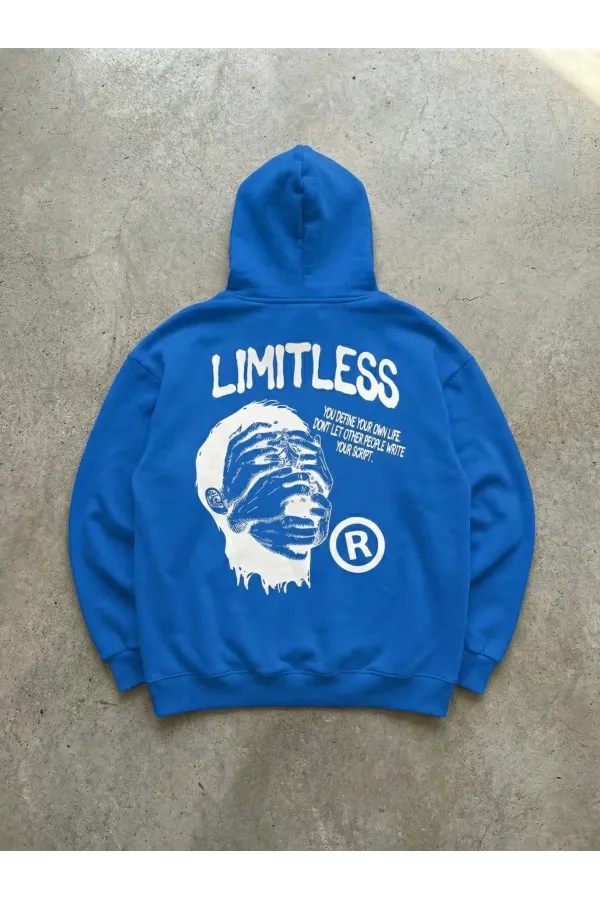 Erkek Baskılı Kapüşonlu Cepli Hoodie 3 İplik Pamuklu Sweatshirt - Saks Mavisi