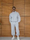 Erkek Premium Parçalı Eşofman Takım - Dik Yaka Fermuarlı Biyeli Sweatshirt Lastik - Gri