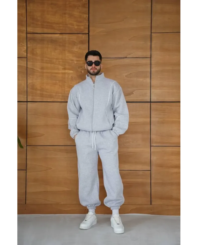 Erkek Premium Parçalı Eşofman Takım - Dik Yaka Fermuarlı Biyeli Sweatshirt Lastik - Gri