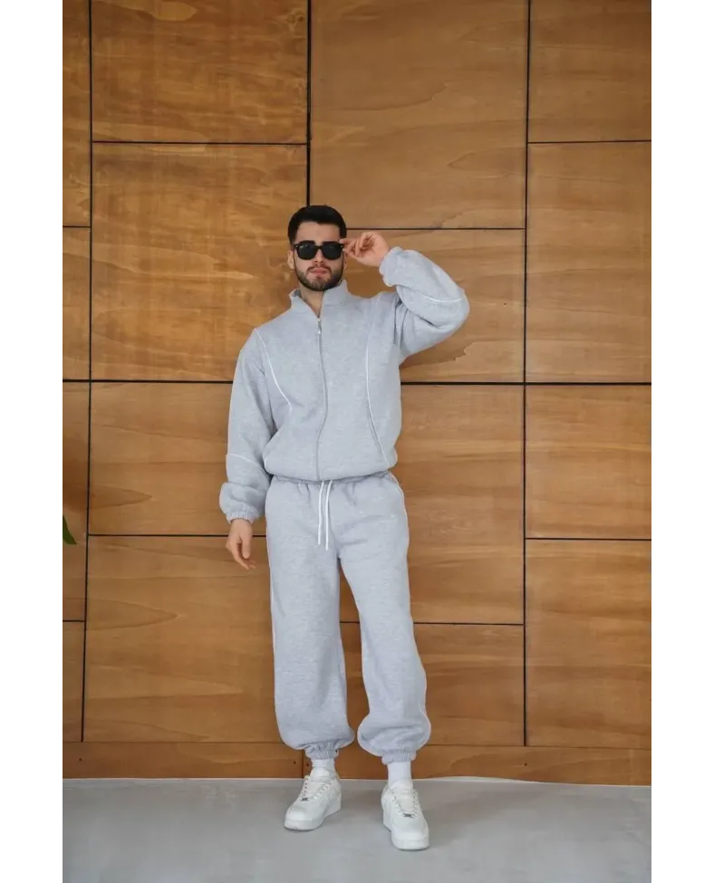 Erkek Premium Parçalı Eşofman Takım - Dik Yaka Fermuarlı Biyeli Sweatshirt Lastik - Gri
