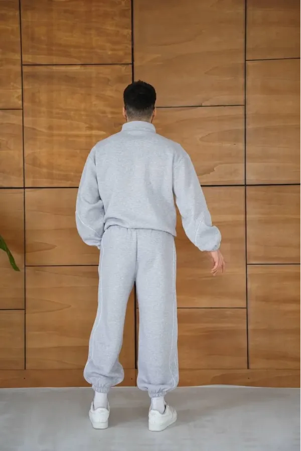 Erkek Premium Parçalı Eşofman Takım - Dik Yaka Fermuarlı Biyeli Sweatshirt Lastik - Gri