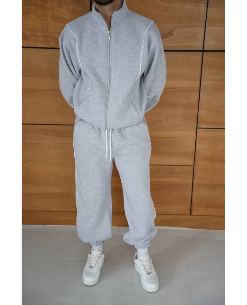 Erkek Premium Parçalı Eşofman Takım - Dik Yaka Fermuarlı Biyeli Sweatshirt Lastik - Gri