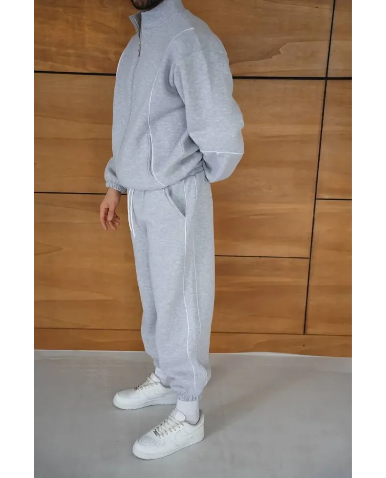 Erkek Premium Parçalı Eşofman Takım - Dik Yaka Fermuarlı Biyeli Sweatshirt Lastik - Gri