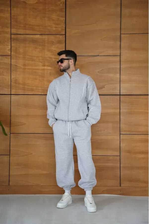 Erkek Premium Parçalı Eşofman Takım - Dik Yaka Fermuarlı Biyeli Sweatshirt Lastik - Gri