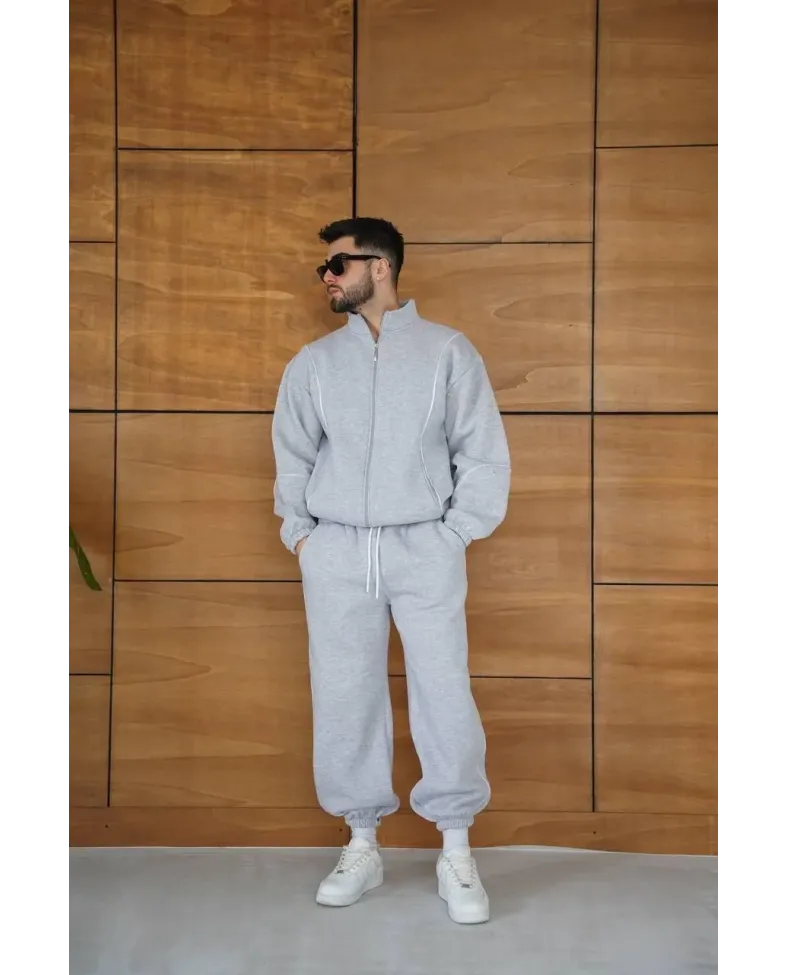 Erkek Premium Parçalı Eşofman Takım - Dik Yaka Fermuarlı Biyeli Sweatshirt Lastik - Gri