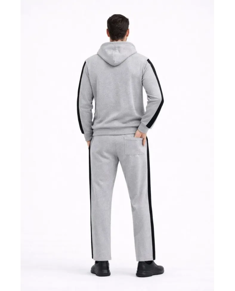 Erkek Şeritli Eşofman Takım Kapüşonlu Sweatshirt Boru Paça Alt, Oversize 3 iplik Pamuklu - Gri