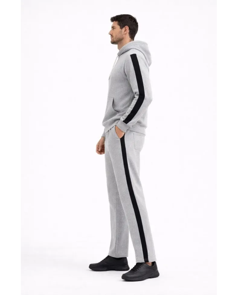 Erkek Şeritli Eşofman Takım Kapüşonlu Sweatshirt Boru Paça Alt, Oversize 3 iplik Pamuklu - Gri