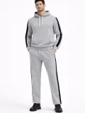 Erkek Şeritli Eşofman Takım Kapüşonlu Sweatshirt Boru Paça Alt, Oversize 3 iplik Pamuklu - Gri