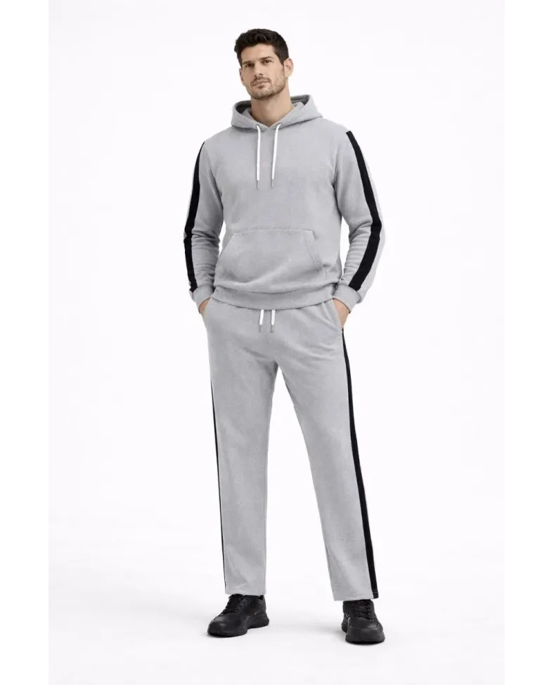 Erkek Şeritli Eşofman Takım Kapüşonlu Sweatshirt Boru Paça Alt, Oversize 3 iplik Pamuklu - Gri
