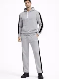 Erkek Şeritli Eşofman Takım Kapüşonlu Sweatshirt Boru Paça Alt, Oversize 3 iplik Pamuklu - Gri
