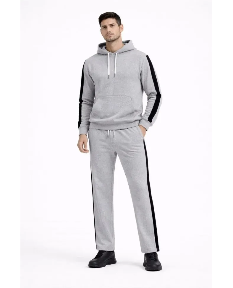 Erkek Şeritli Eşofman Takım Kapüşonlu Sweatshirt Boru Paça Alt, Oversize 3 iplik Pamuklu - Gri
