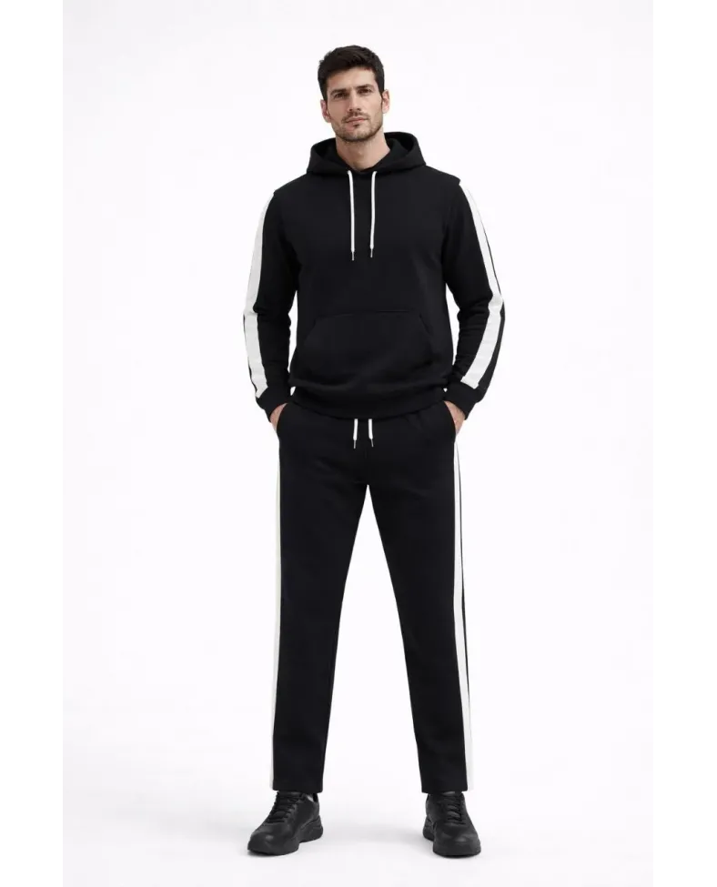 Erkek Yandan Şeritli Eşofman Takım 3 İplik Kapüşonlu Sweatshirt Boru Paça - Siyah Somersan Giyim | Kadın, Erkek ve Çocuk Moda