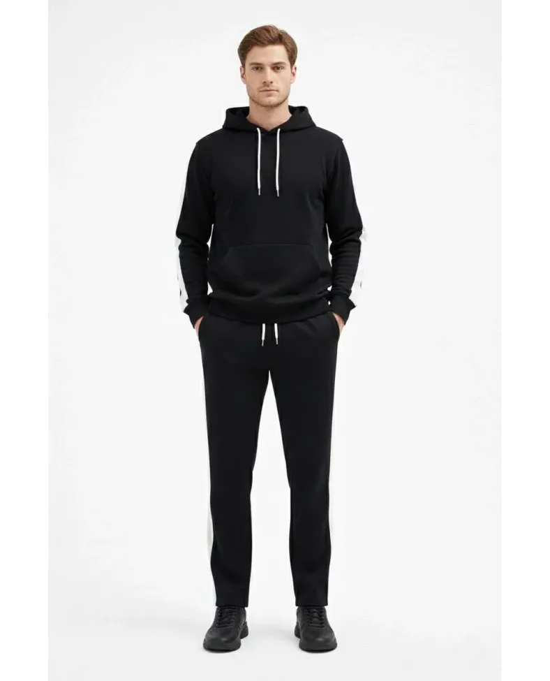 Erkek Yandan Şeritli Eşofman Takım 3 İplik Kapüşonlu Sweatshirt Boru Paça - Siyah Somersan Giyim | Kadın, Erkek ve Çocuk Moda
