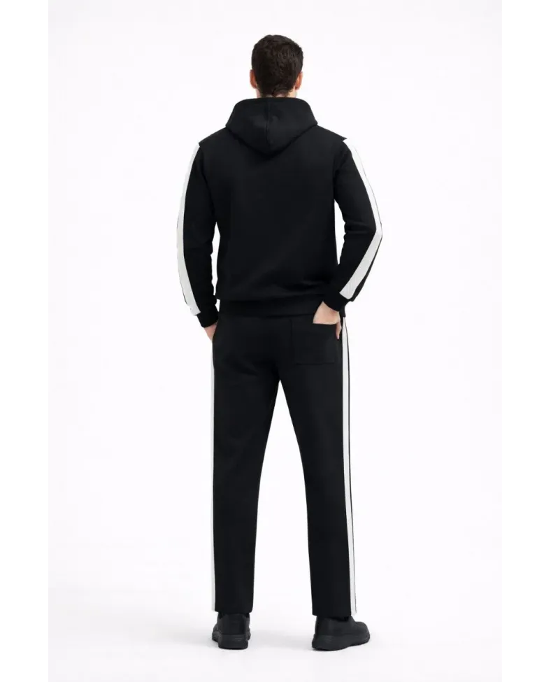 Erkek Yandan Şeritli Eşofman Takım 3 İplik Kapüşonlu Sweatshirt Boru Paça - Siyah Somersan Giyim | Kadın, Erkek ve Çocuk Moda