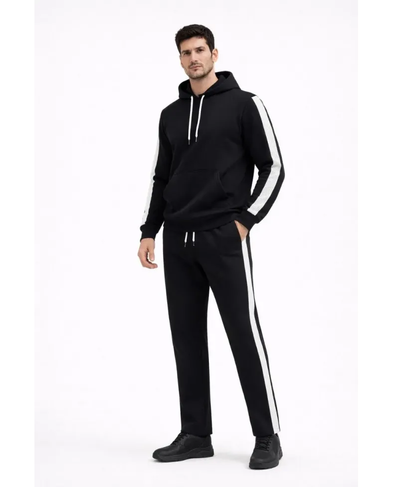 Erkek Yandan Şeritli Eşofman Takım 3 İplik Kapüşonlu Sweatshirt Boru Paça - Siyah Somersan Giyim | Kadın, Erkek ve Çocuk Moda