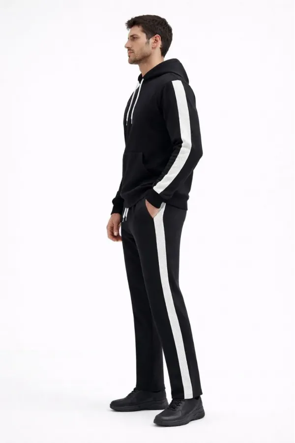 Erkek Yandan Şeritli Eşofman Takım 3 İplik Kapüşonlu Sweatshirt Boru Paça - Siyah