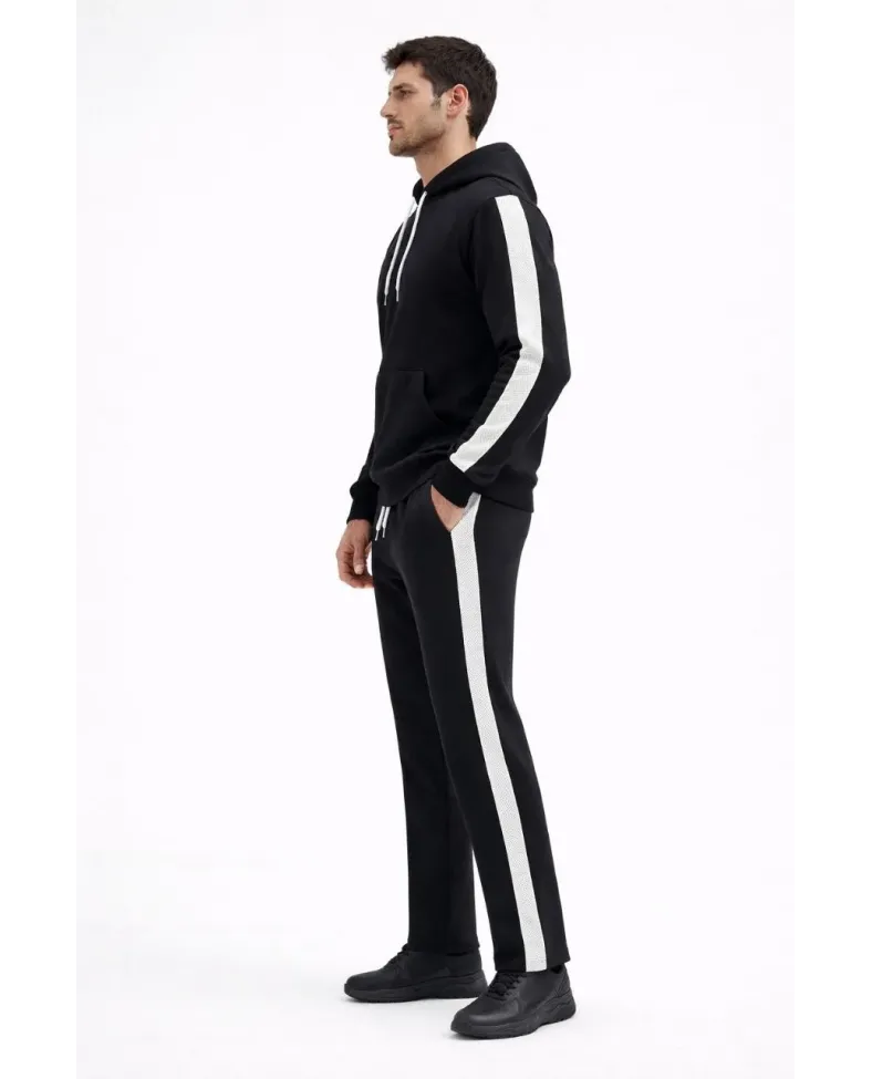 Erkek Yandan Şeritli Eşofman Takım 3 İplik Kapüşonlu Sweatshirt Boru Paça - Siyah Somersan Giyim | Kadın, Erkek ve Çocuk Moda