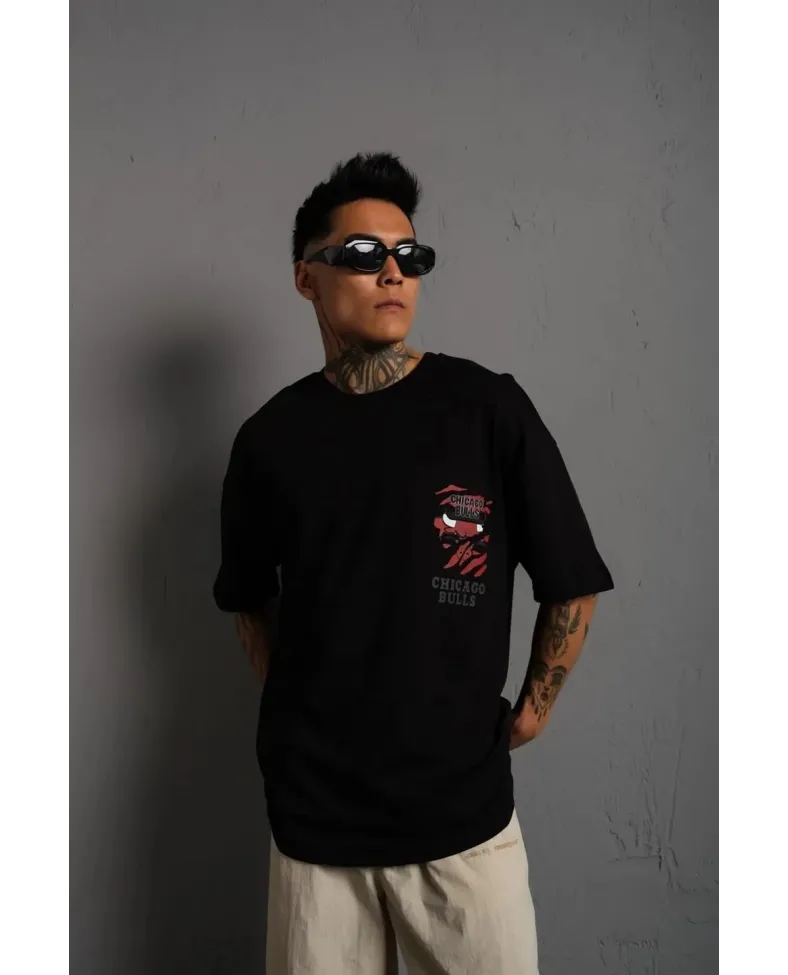 Erkek Sırt Baskılı A Kalite Oversize T-shirt - Siyah