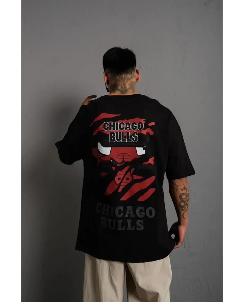 Erkek Sırt Baskılı A Kalite Oversize T-shirt - Siyah