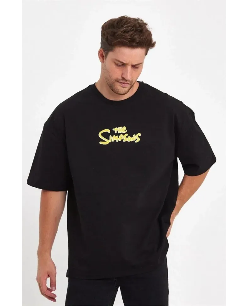 Erkek Sırt Baskılı Bisiklet Yaka Oversize T-shirt - Siyah