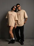 Erkek Sırt Baskılı Oversize T-shirt - Bej