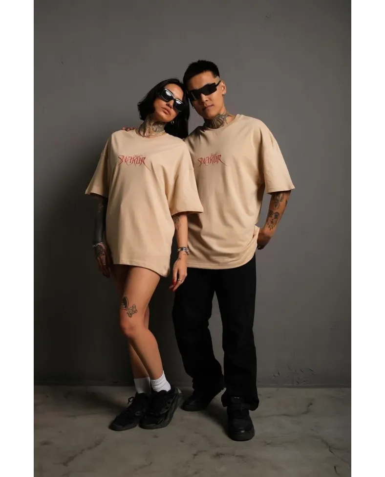 Erkek Sırt Baskılı Oversize T-shirt - Bej