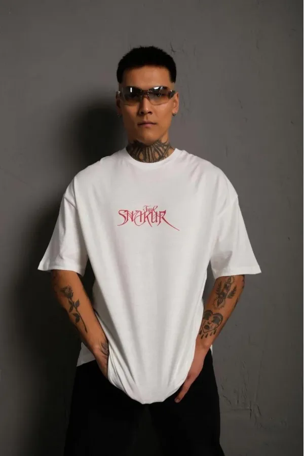 Erkek Baskılı T-Shirt Oversize Kısa kol Bisiklet yaka tişort - Beyaz