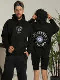Erkek Sırt Baskılı Oversize Üç İplik Kapüşonlu Hoodie Sweatshirt - Siyah