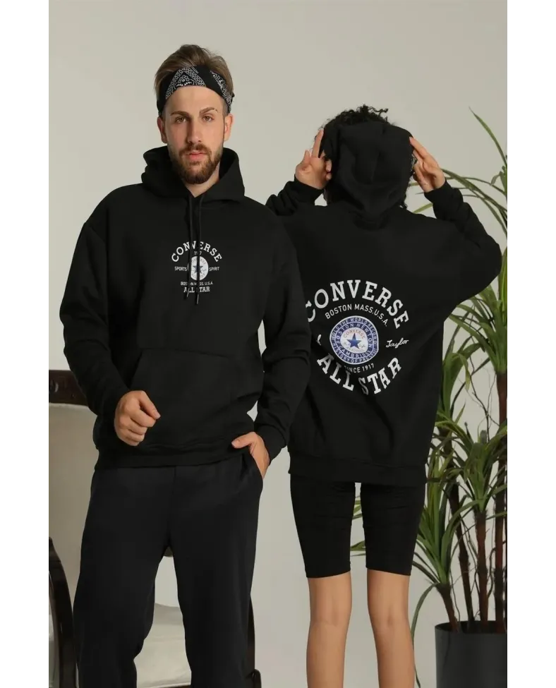 Erkek Sırt Baskılı Oversize Üç İplik Kapüşonlu Hoodie Sweatshirt - Siyah