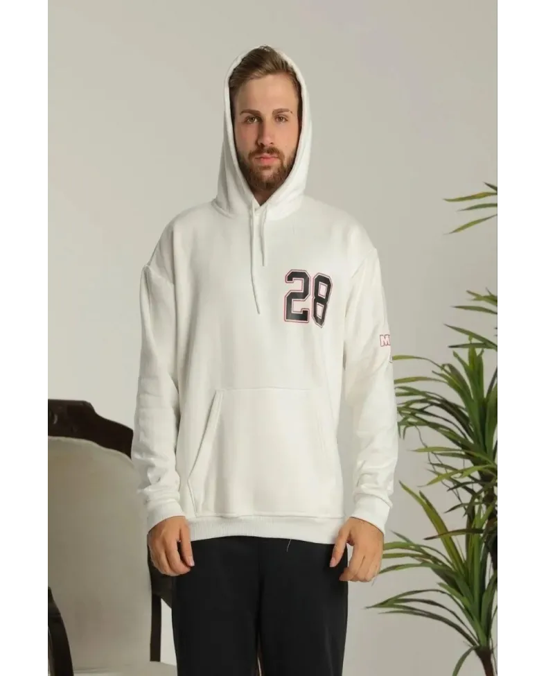 Erkek Oversize Üç İplik Kapüşonlu Sweatshirt –Sırt ve Ön Baskılı Kanguru - Siyah Beyaz