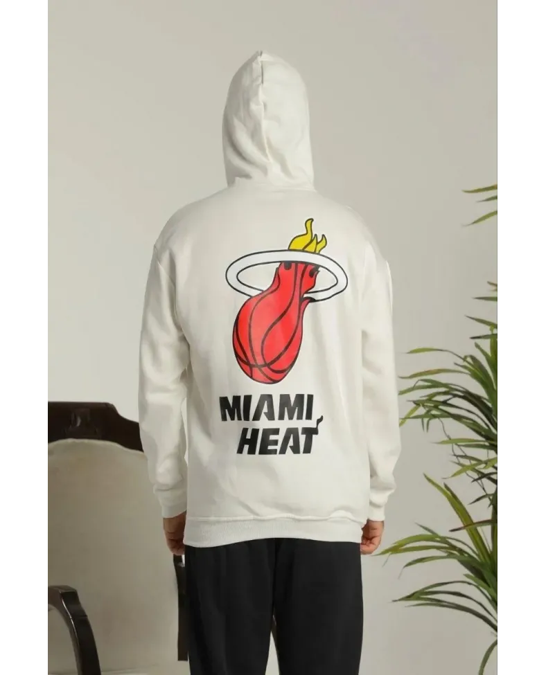 Erkek Oversize Üç İplik Kapüşonlu Sweatshirt –Sırt ve Ön Baskılı Kanguru - Siyah Beyaz