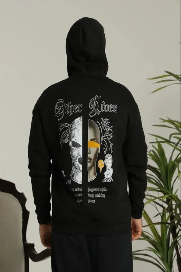 Erkek Kapşonlu Sweatshirt Oversize Üç İplik Şardonlu Other Lives Ön Arka Baskılı - Siyah
