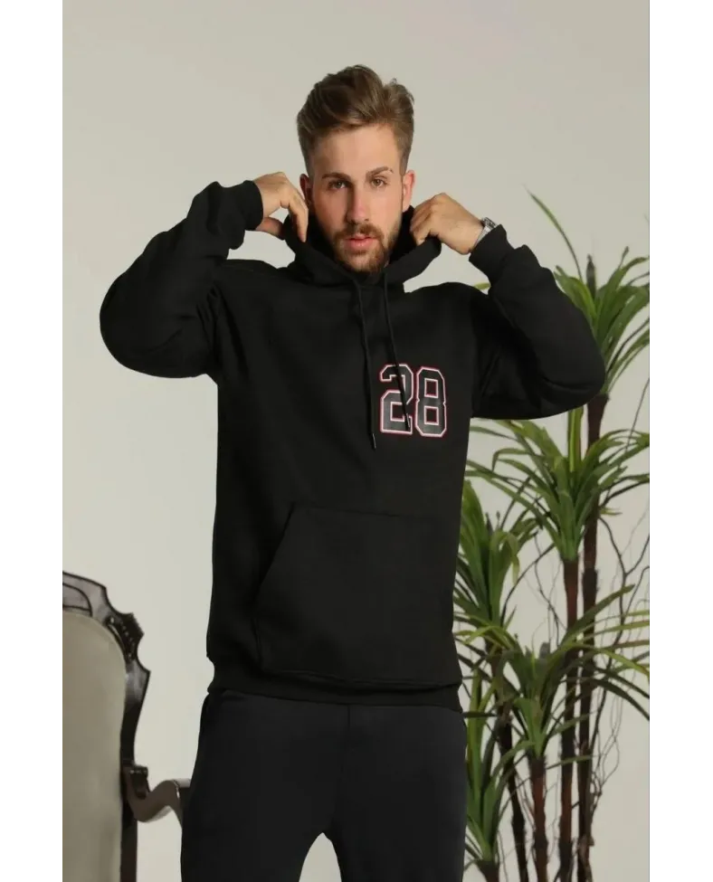 Erkek Sırt Baskılı Oversize Üç İplik Kapüşonlu Sweatshirt - Siyah