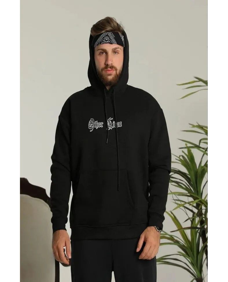 Erkek Kapşonlu Sweatshirt Oversize Üç İplik Şardonlu Other Lives Ön Arka Baskılı - Siyah