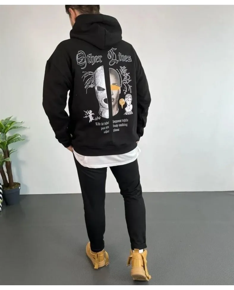 Erkek Kapşonlu Sweatshirt Oversize Üç İplik Şardonlu Other Lives Ön Arka Baskılı - Siyah
