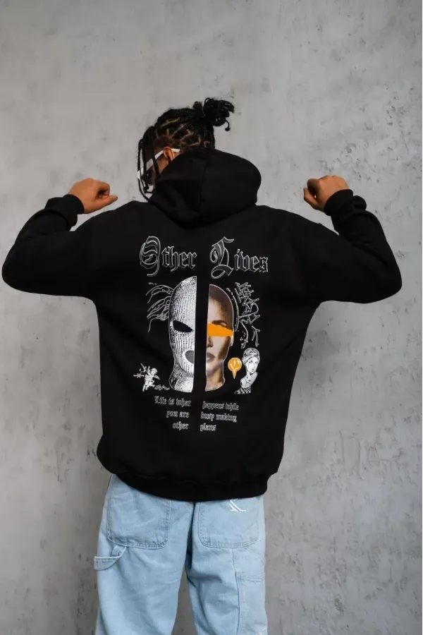 Erkek Kapşonlu Sweatshirt Oversize Üç İplik Şardonlu Other Lives Ön Arka Baskılı - Siyah