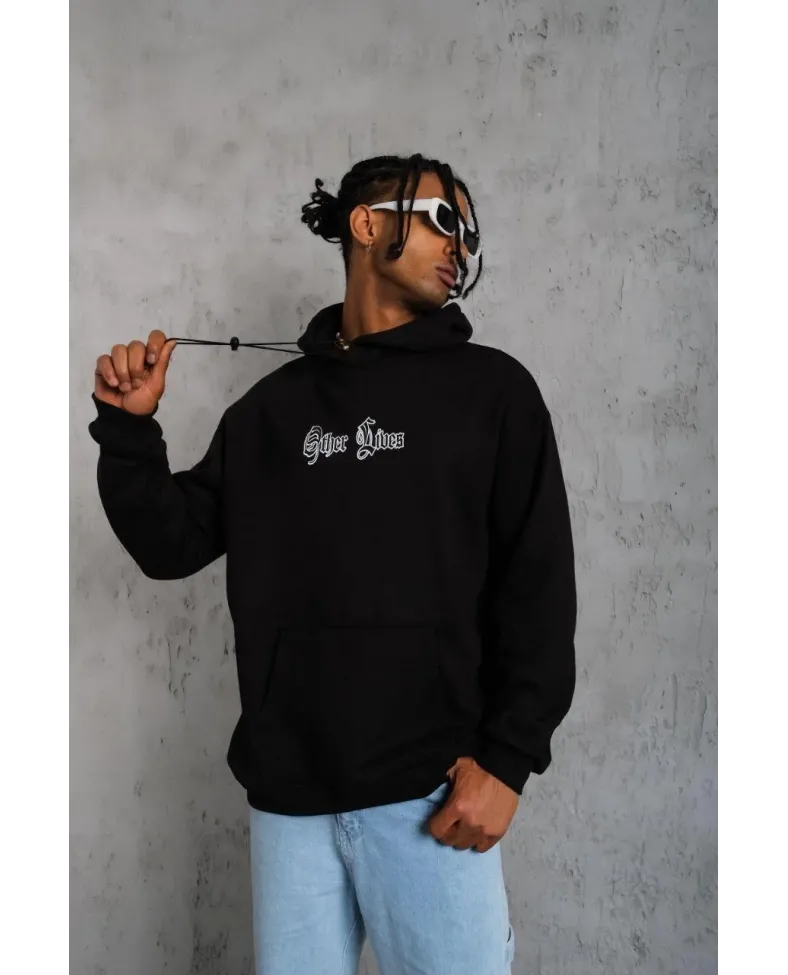 Erkek Kapşonlu Sweatshirt Oversize Üç İplik Şardonlu Other Lives Ön Arka Baskılı - Siyah