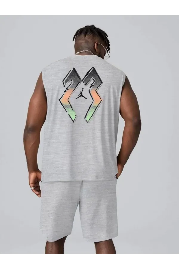 Erkek Sırt Baskılı Sıfır Kol İkili Şort Takım - Gri