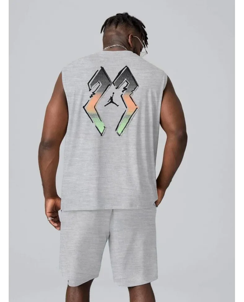 Erkek Sırt Baskılı Sıfır Kol İkili Şort Takım - Gri