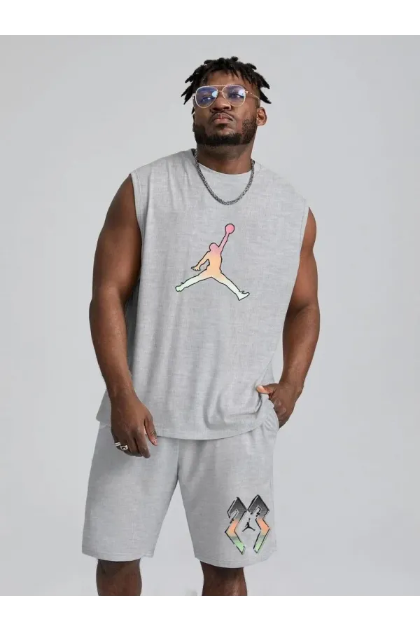 Erkek Sırt Baskılı Sıfır Kol İkili Şort Takım - Gri